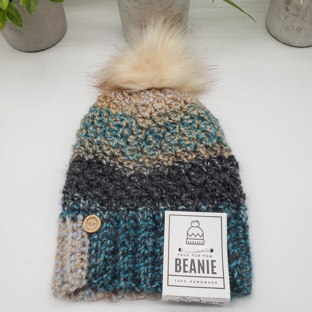 Beanie Handmade Knitted Baby or Toddler Multicolour Faux Fur Detachable Pom Pom
